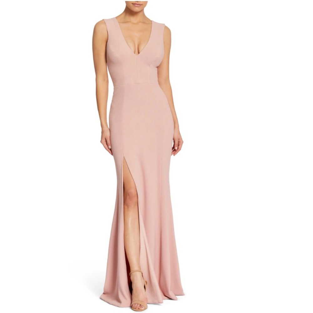 DRESS THE POPULATION Sandra Plunge Crepe Trumpet Gown Dress Sz L $198 Blush NWT